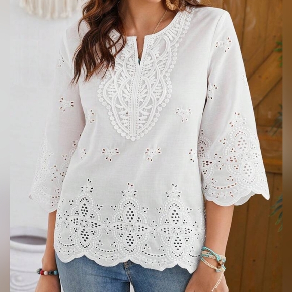 * New Boho Embroidered Eyelet Lace Scalloped Top Blouse White - Picture 2 of 8